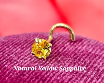 Genuine Real Yellow Sapphire Nose Stud ,  14K Solid Gold in Twisted Crooked Screw, L-Shaped , Ball End Bar 20 GA.