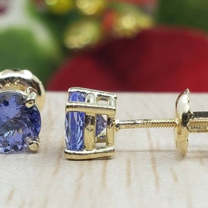 Tanzanite 1.00 Ctw - 4.00 Ctw • Brilliant Cut • Solitaire •14K Solid White or Yellow Gold Earring  • With Secure Backing
