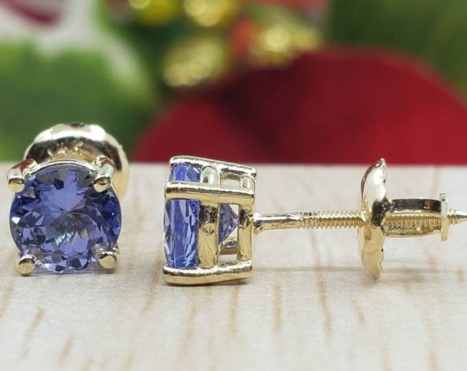 Tanzanite 1.00 Ctw - 4.00 Ctw • Brilliant Cut • Solitaire •14K Solid White or Yellow Gold Earring  • With Secure Backing