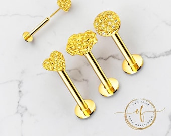 Threaded 20 GA NUGGET 14K Solid Yellow Gold 3 design post length 6mm or 7mm.