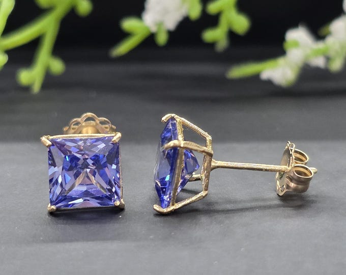 Tanzanite Square Princess Cut 14K Solid Gold Earring Push Backing with 4 Prong Setting 3 mm - 8mm