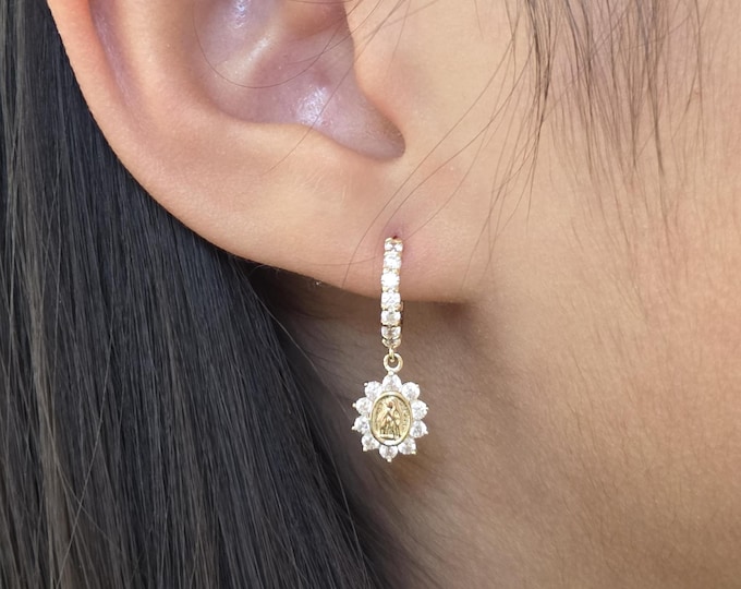 14K Yellow Gold Earrings Hoops • Hoop with CZ • Dangle Guadalupe Earring • Hoop (11.00mm)