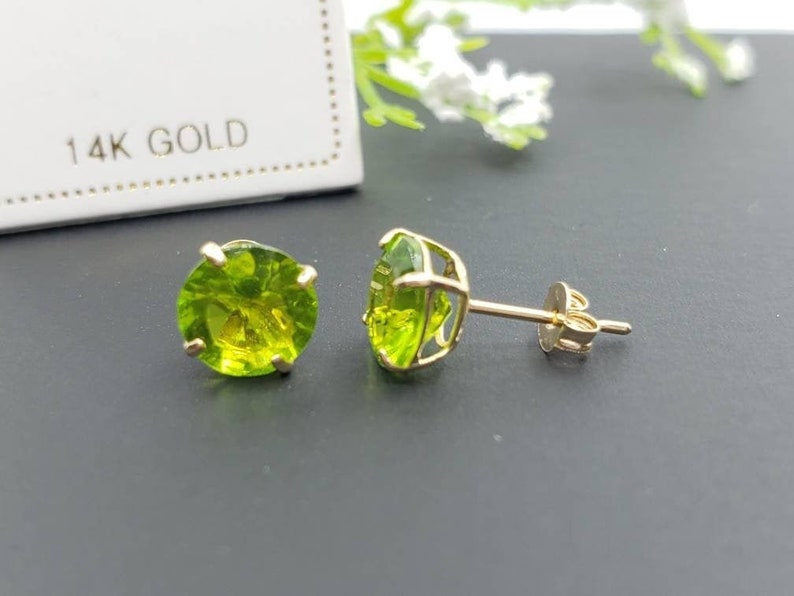 14K Solid Gold Green Peridot Earring August Birthstone Colors image 1