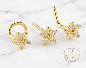 14K Solid Gold , Flower Nose Stud CZ Diamond Nose Stud,  Nostril Piercing 20 Gauge.