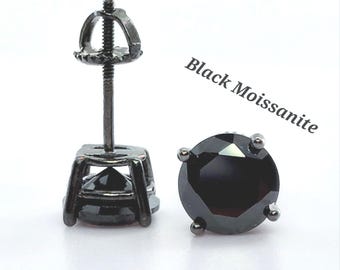 Screw Backs Round Black CZ's Black Plated Solid 925 Sterling Silver Solitaire Stud Post Earrings Round Mens Womens Earrings