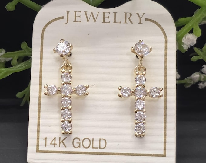 14K Real Yellow Gold •  Dangle Cross • Baby Screw Backs • Earrings Cubic Zirconia • sold 1 Pair Religious Christian Cross Earring.