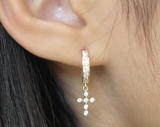 14K Solid Gold • Cross Earrings Hoops • 2.50mm x 12mm Huggies  •  High Quality CZ Stones •  Women's Earrings •