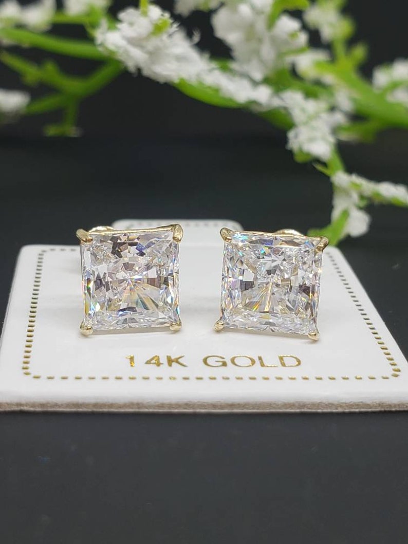 Super Bright 14K Solid Gold \u2022 Square Princess Cut \u2022 Basket Prong \u2022 3mm-8mm \u2022 With Screw Backing
