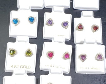 14K Solid Yellow Gold 12 Birthstone Color CZ Heart Stud Earrings With Screw Backing  Size 6 mm