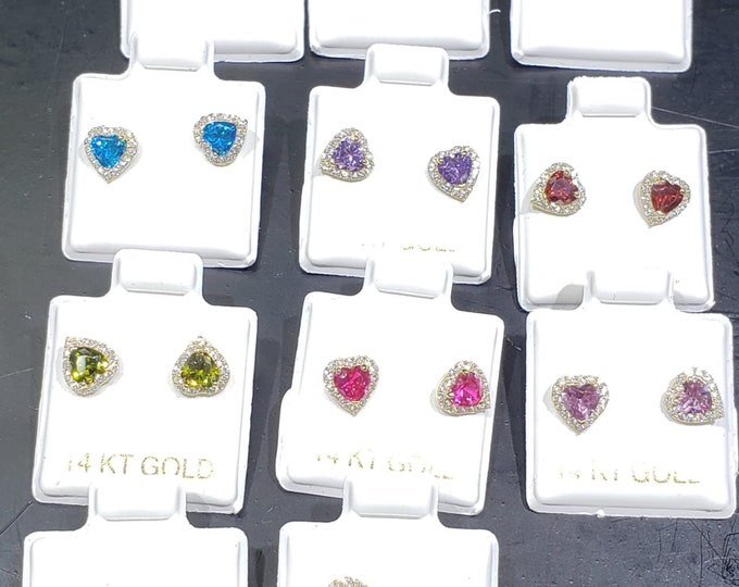 14K Solid Yellow Gold 12 Birthstone Color CZ Heart Stud Earrings With Screw Backing  Size 6 mm