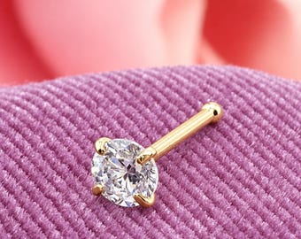 Genuine LAB DIAMOND 14K Solid Real Gold , LAB Diamond Nose Stud, Bone Ball End Nose Stud 20GA" 1.00 mm -3.50 mm