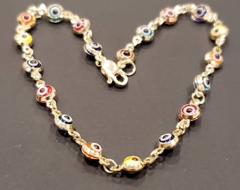 NEW!!  Blue Evil Eye Turkish Nazar Greek Hamsa 14K Solid Gold Good Luck Bracelet 7"