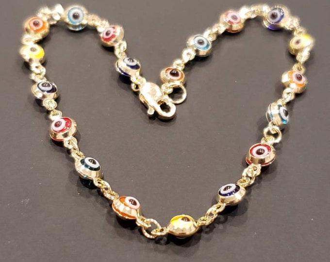 NEW!!  Blue Evil Eye Turkish Nazar Greek Hamsa 14K Solid Gold Good Luck Bracelet 7"