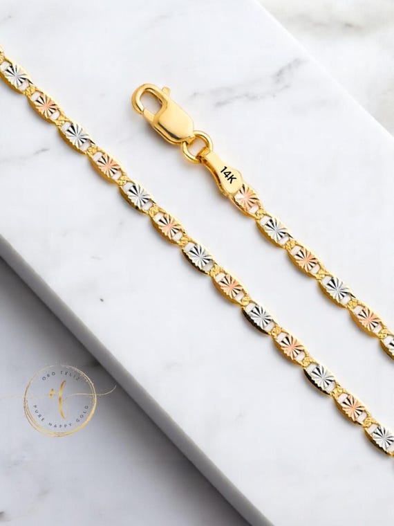 10k Solid Gold Valentino Chain Necklace – 2.1mm, Multi-Tone, 16-24 Inch For Men/Women