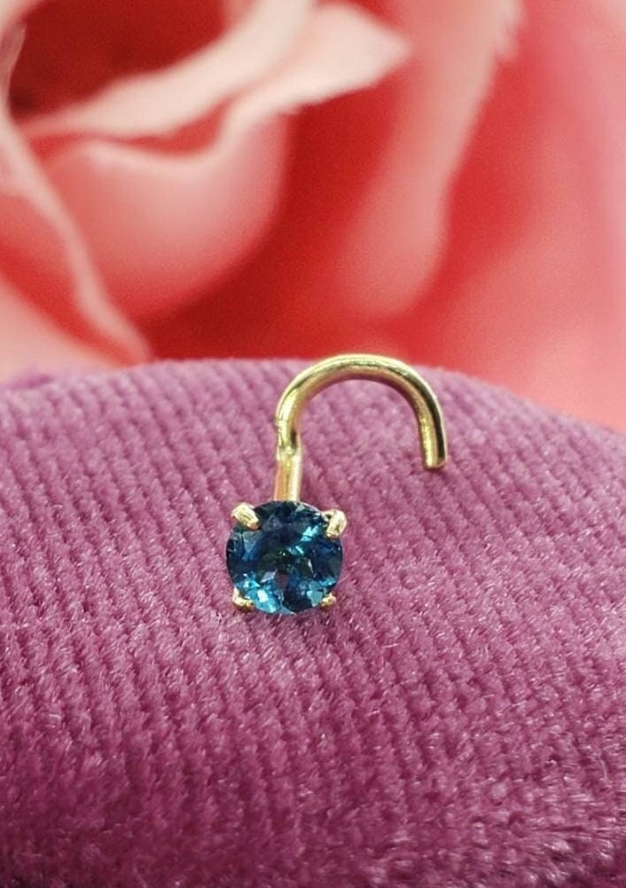 Genuine Real Blue London Topaz Nose Stud 14K Solid Gold in Twisted Crooked Screw L Shaped Ball End Bar 22GA 20 GA 18GA