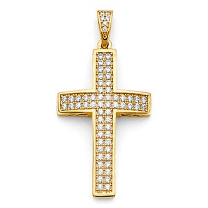 Colgante religioso con cruz de circonita cúbica en oro amarillo de 14 quilates. Disponible en 3 tamaños.