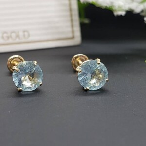 14K Solid Gold Aquamarine Earring March Birthstone Colors Screw Backing Earring with 4 Prong Setting image 3