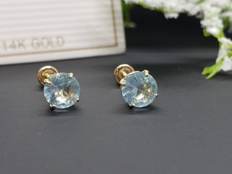 14K Solid Gold Aquamarine Earring March Birthstone Colors Screw Backing Earring with 4 Prong Setting image 3