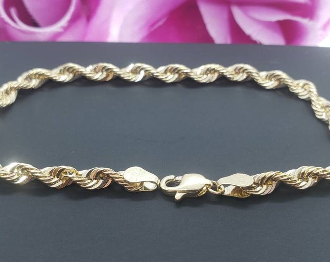 14K Real Yellow Gold  3.00 mm - 4.00 mm - 5.00 mm  Hollow Rope Chain Length   7" 7.5" 8" 8.5" 9"  Women's Men's Bracelet or Anklets