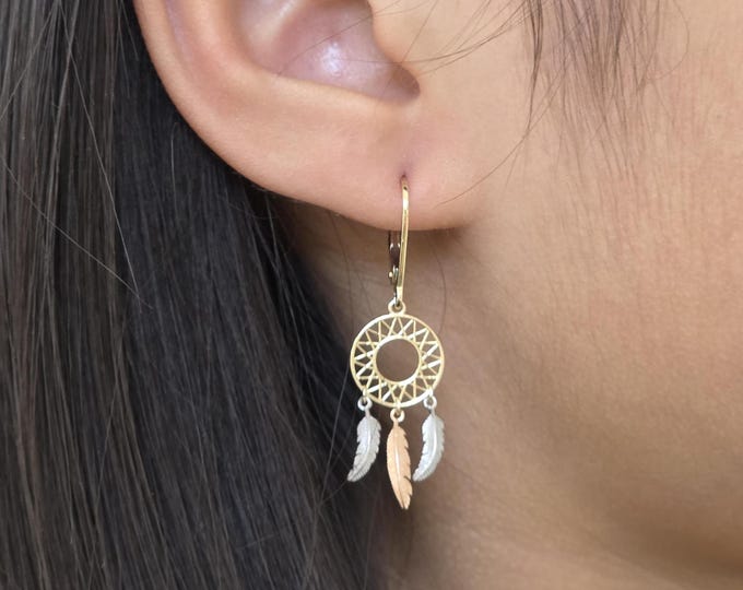 Dream Catcher  14K Yellow Gold Earrings Hoops • Lever Back Hoop  8.00 mm x 12.00 mm • Girl / Women's Earrings  2.50 Grams•