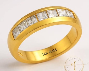 14K Solid Gold Mens Wedding Ring Princess Cut Engagement Bands Men's 5MM Women's 4MM.