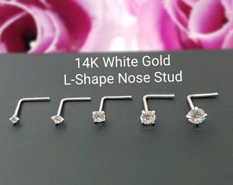 14K Solid White Gold , L-Shape Bar Nose Stud, Diamond Nose Stud,  Micro Nose, Screw Nose Stud, Body Jewelry Real Gold, 20GA , hypoallergenic