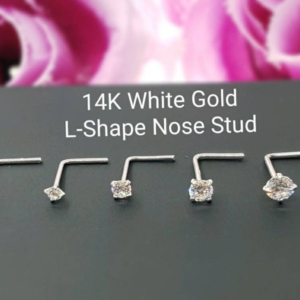 14K Solid White Gold , L-Shape Bar Nose Stud, Diamond Nose Stud,  Micro Nose, Screw Nose Stud, Body Jewelry Real Gold, 20GA , hypoallergenic