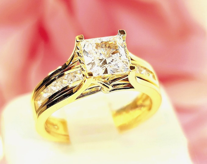 14K Solid Gold 2.75 Ct Trellis engagement ring wedding 2 rings set band Promise princess Square Cut Gemstone.