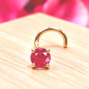 Genuine Real Ruby Nose Stud ,  14K Solid Gold in Twisted Crooked Screw, L-Shaped , Ball End Bar 22GA 20 GA 18GA