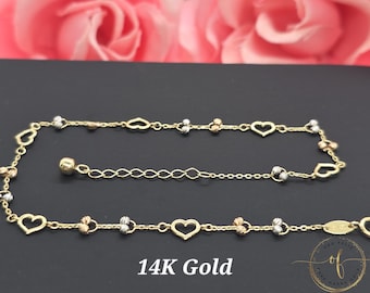 14K 3 Tone Yellow Gold • Heart Shape Diamond Cut Dainty Charm • Bracelet or Anklets • 7" Inches - 9 " Inches •