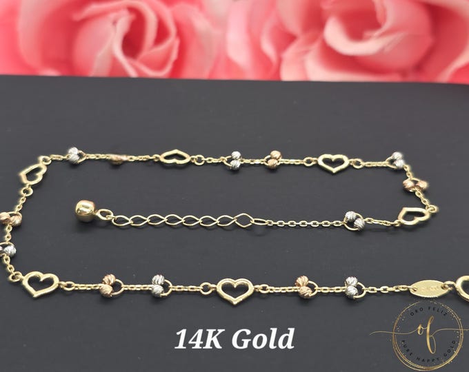 14K 3 Tone Yellow Gold • Heart Shape Diamond Cut Dainty Charm • Bracelet or Anklets • 7" Inches - 9 " Inches •