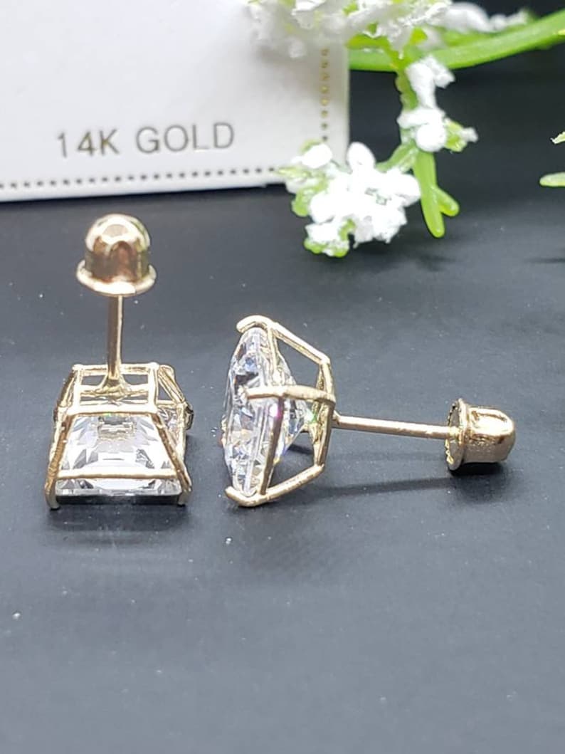 Super Bright 14K Solid Gold \u2022 Square Princess Cut \u2022 Basket Prong \u2022 3mm-8mm \u2022 With Screw Backing