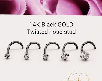 14K Black Gold, Curve Bar Nose Stud, Diamond Nose Stud, Twist Micro Nose, Screw Nose Stud, 20 Gauge, Hypoallergenic, Perfect Quality