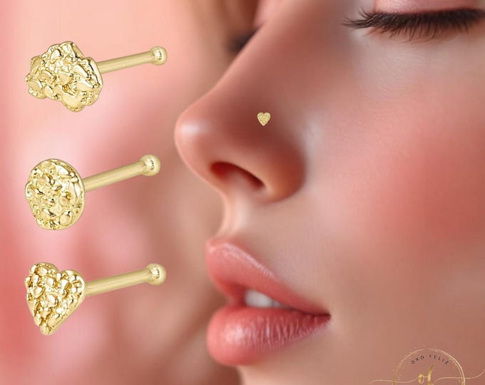 NUGGET 14K Solid Yellow Gold Size 3.00 mm Nugget Bar Nose Stud, 3 different style Nose Stud, Ball end Nose Stud Piercing .