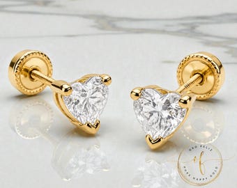 Heart  3 Prongs 14K Gold Stud Earrings, Round Solitaire Cut, Screw Back 20 GA, Post, comfortable to sleep.