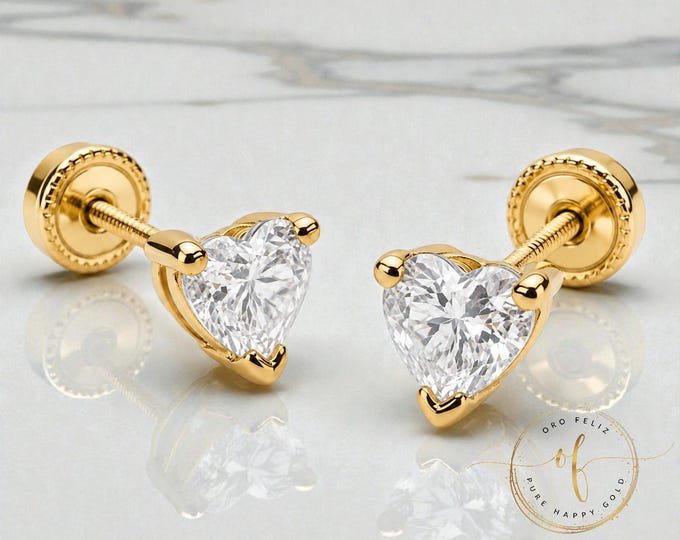 Heart  3 Prongs 14K Gold Stud Earrings, Round Solitaire Cut, Screw Back 20 GA, Post, comfortable to sleep.