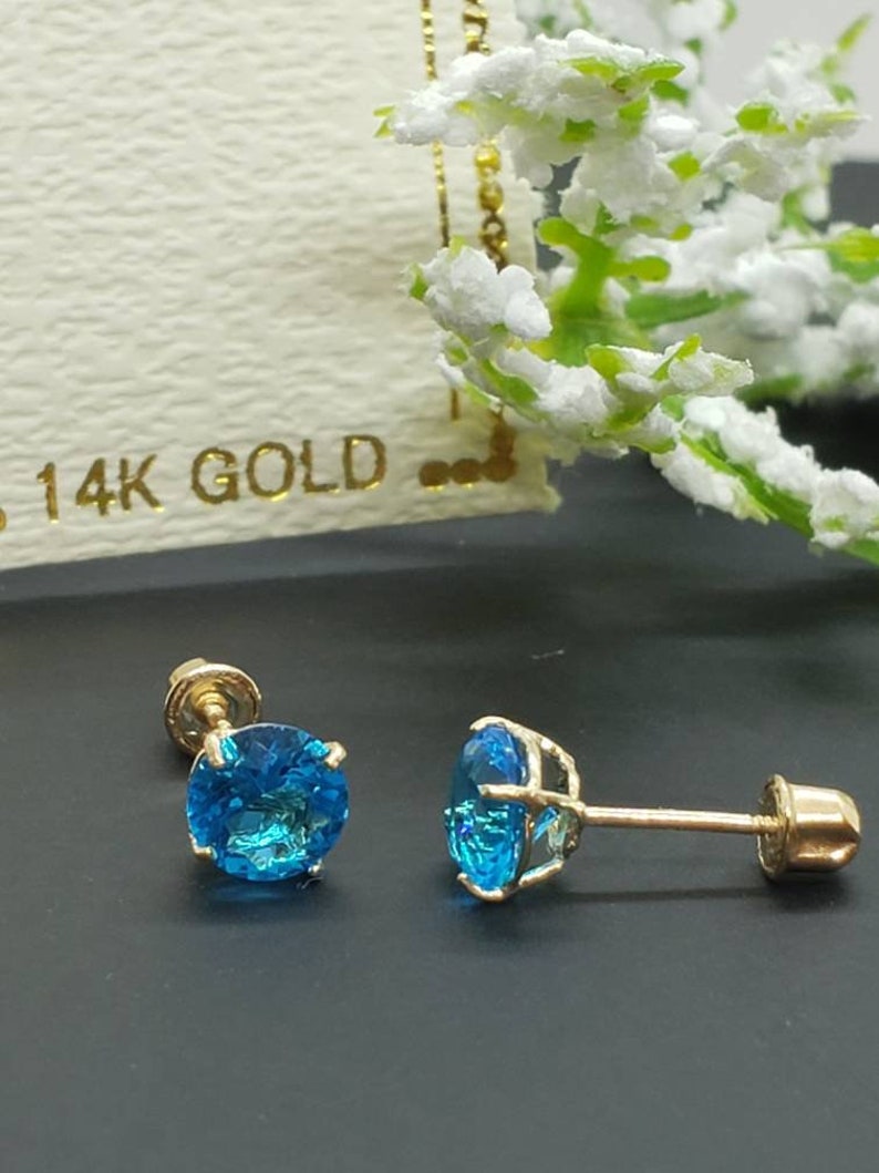 14K Solid Yellow Gold Blue Topaz Earring December Birthstone Colors Screw Backing Earring with 4 Prong Setting image 3