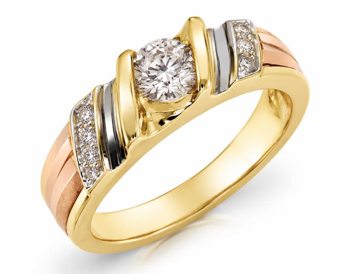 3 Tone 14K Solid Gold Mens Wedding Ring Solitaire Round Cut  Engagement Bands For women's men's