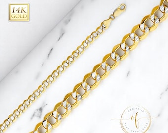 Cuban Chain White Pave Real 14K Gold Hollow Cuban Chain White Pave  2.40mm - 6.60 mm  Mens Women 16 " -24 "