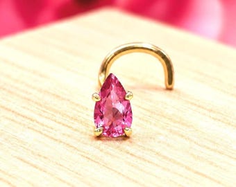 Tourmaline Pear Shape Genuine Real Pink Tourmaline Nose Stud ,  14K Solid Gold in Twisted Crooked Screw, L-Shaped , Ball End Bar 20 Gauge