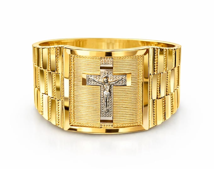 14K Real Gold 100 % Men's Ring Religious Christian Catholic Cross Pinky Ring s 4.40 grams 14K gold religious ring with cross.