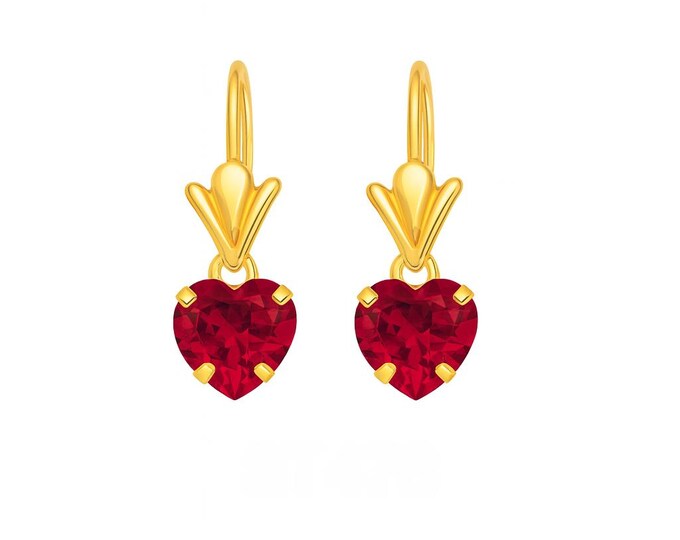 Heart 7mm 14K Yellow Gold Earrings Hoops • Fleur De Lis Lever back Earring with Open Ring, Cubic Zirconia with different colors.