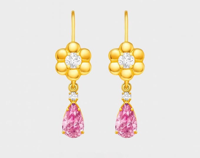 Flower / Pear Shape 5x7mm 14K Yellow Gold Earrings Hoops • Lever Back Hoop  8.00 mm x 12.00 mm • Girl / Women's Earrings •