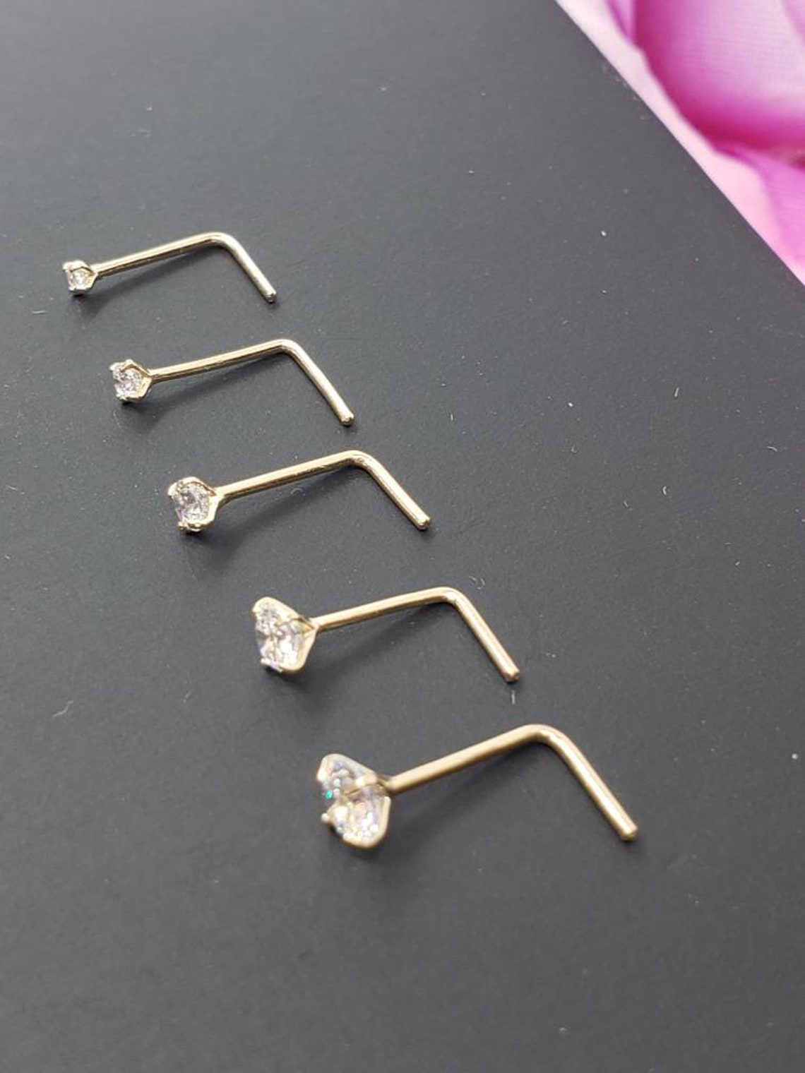 14K Solid Yellow Gold L-Shape Bar Nose Stud Diamond Nose | Etsy