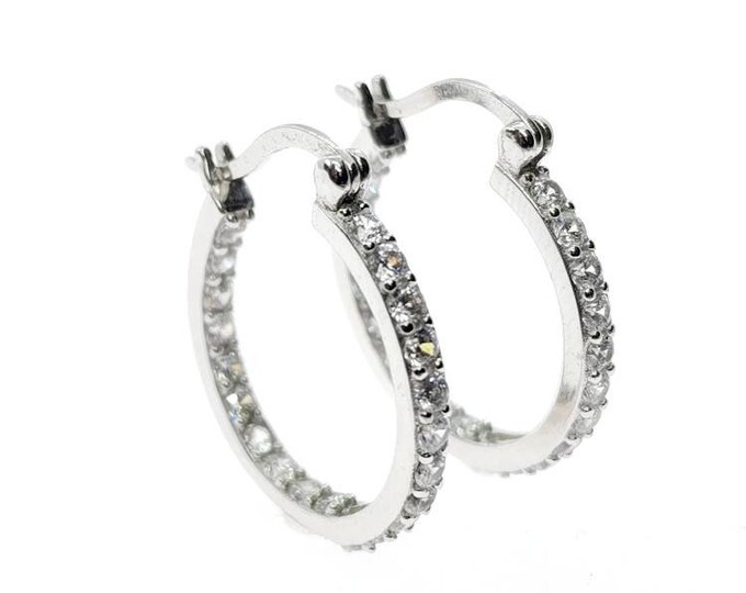 Solid 925 Sterling Silver Rhodium Plated Earring Hoops With Gemstones 12mm-35mm.