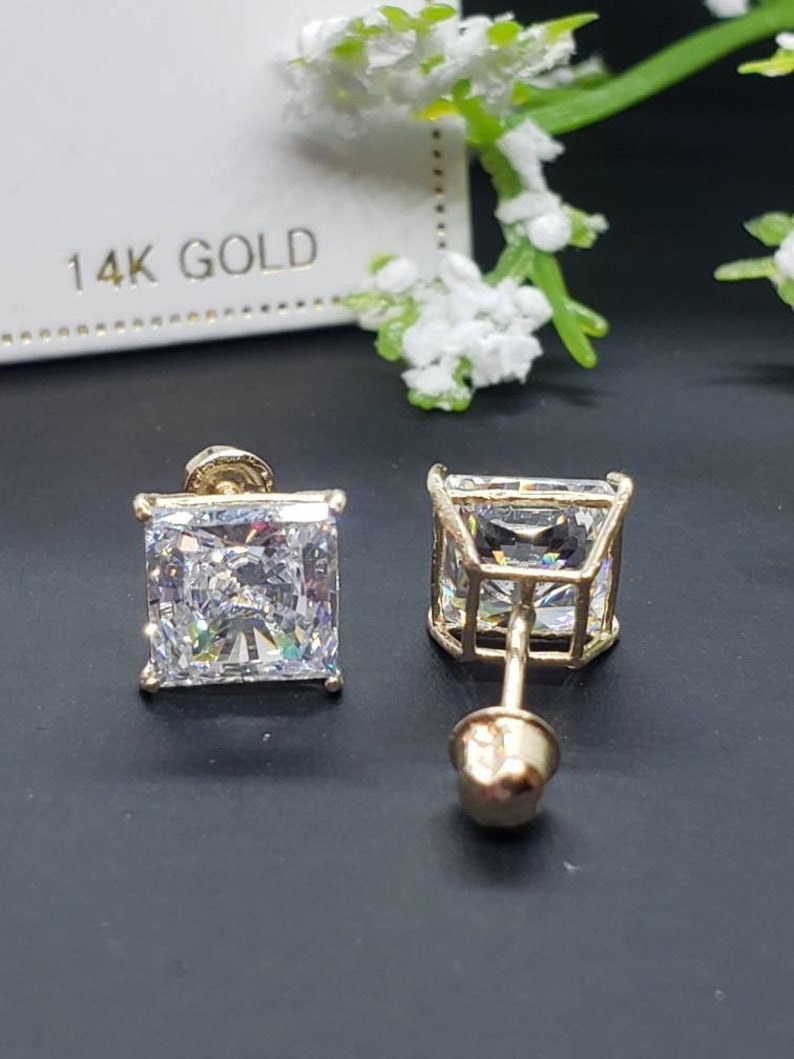 Super Bright 14K Solid Gold \u2022 Square Princess Cut \u2022 Basket Prong \u2022 3mm-8mm \u2022 With Screw Backing
