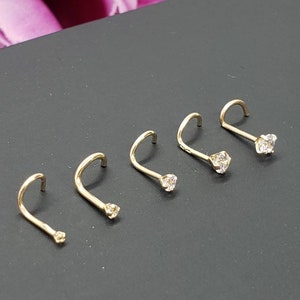 14K Solid Yellow Gold , Curve Bar Nose Stud, Diamond Nose Stud, Twist Micro Nose, Screw Nose Stud 20 Gauge, Hypoallergenic, Perfect Quality. image 3