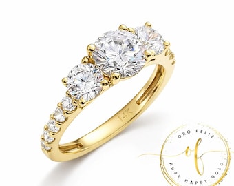 14K Real Solid Gold 2.50 Ct Created Diamond Solitaire Cut 3 Stone Engagement Wedding Promise Ring or optional of 3 center moissanite upgrade