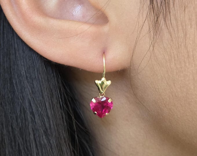 Heart 7mm 14K Yellow Gold Earrings Hoops • Fleur De Lis Lever back Earring with Open Ring, Cubic Zirconia with different colors.