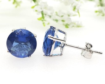 2mm-10mm Round Sapphire September Birthstone Solid 925 Sterling Silver Solitaire Stud Post Earrings Round Mens Womens Earrings